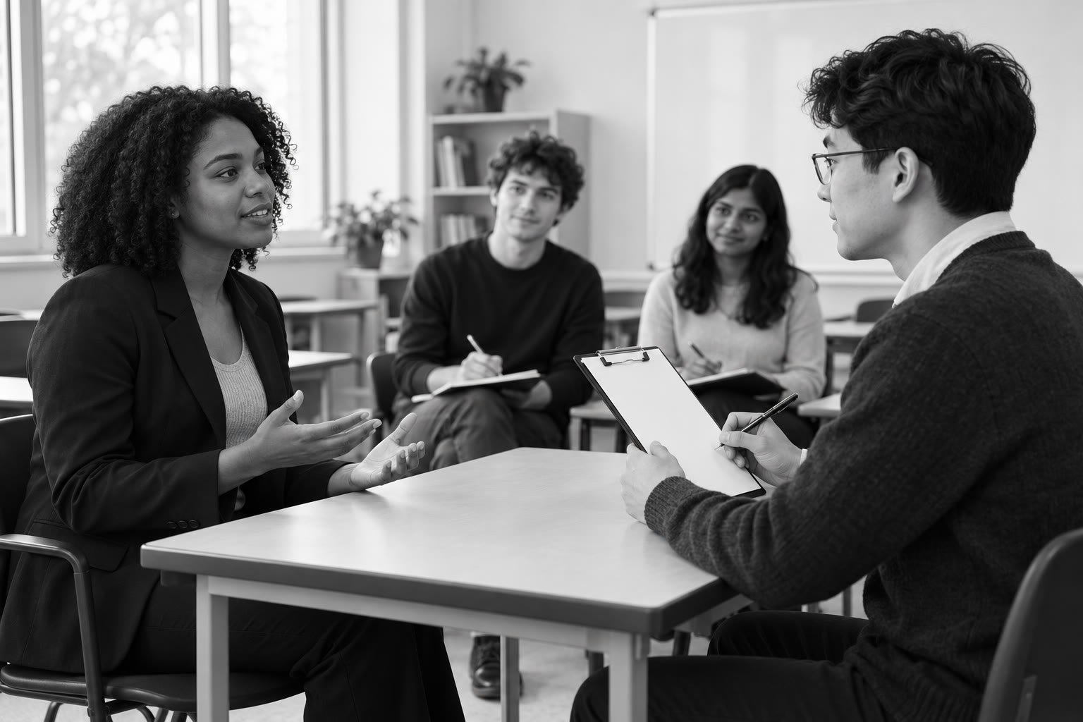 Young adults practicing a job interview while peers observe