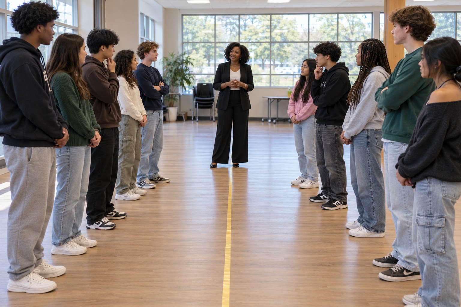Students standing on either side of a tape line during an experiential classroom activity