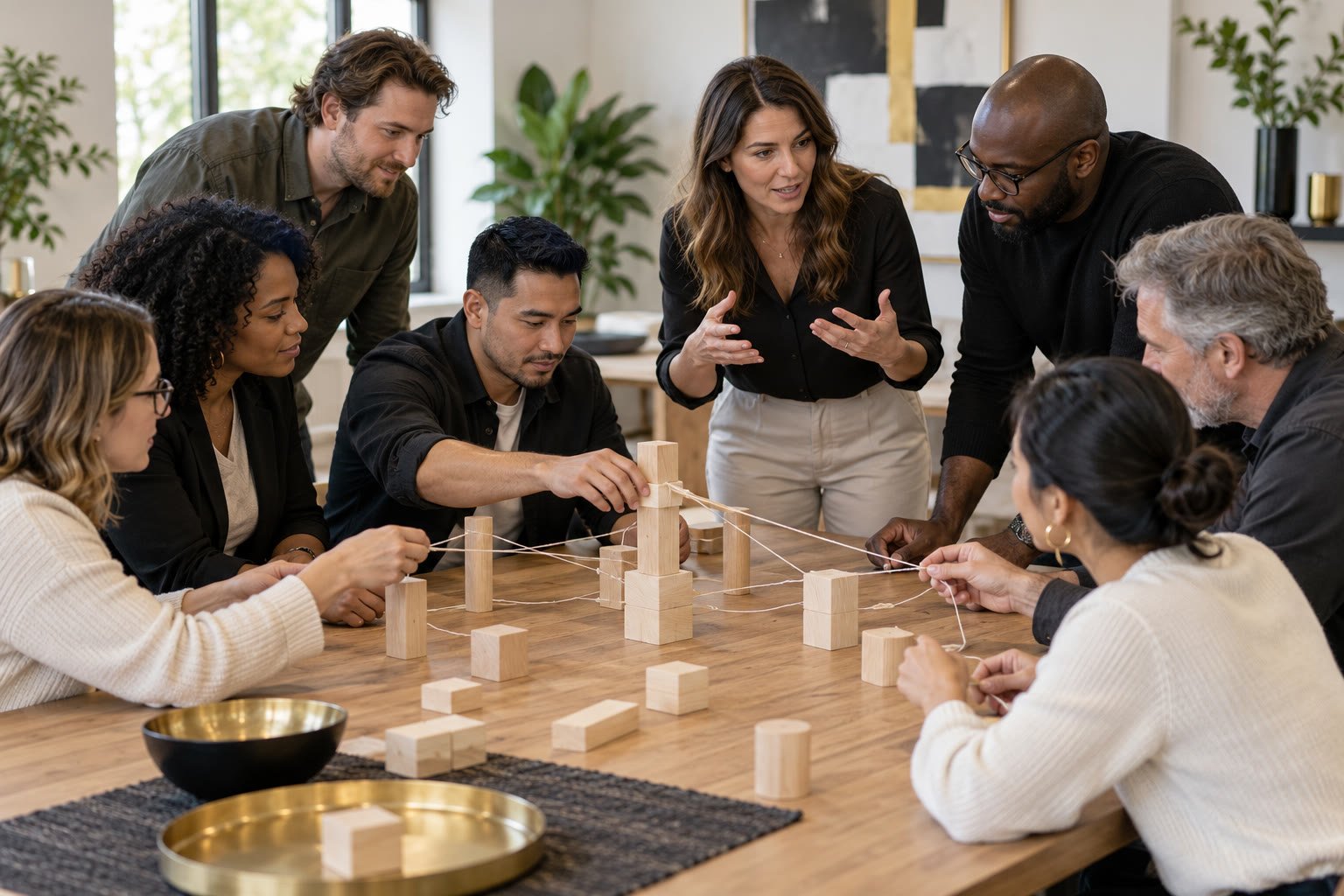 An organization team practicing collaboration through a shared building exercise